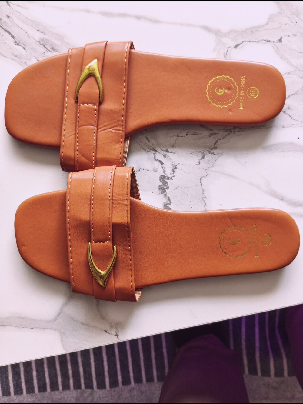 Women's Tan Slide Sandals with Gold Accent
